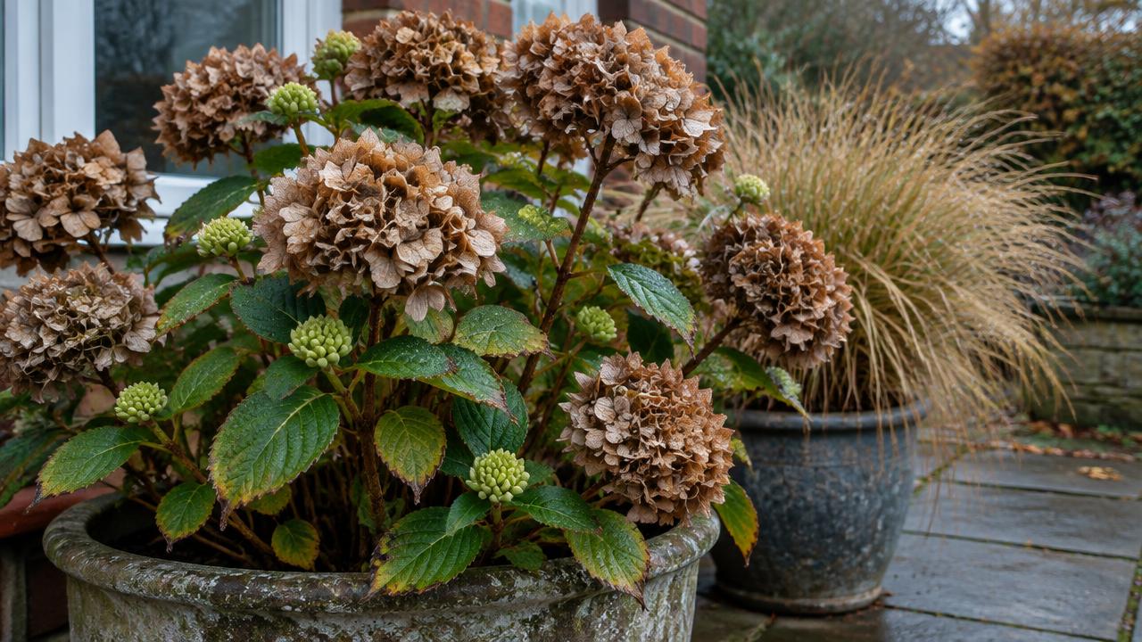 Dried mophead hydrangea flowerheads retained above healthy buds beside an ornamental grass in a patio pot