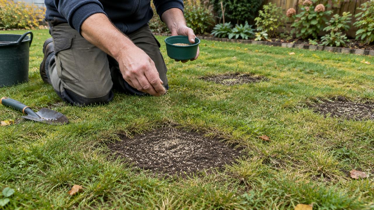 Close documentary view of a small British lawn being repaired in early autumn after weeds have been removed, with several small bare patches lightly prepared and grass seed being scattered by hand