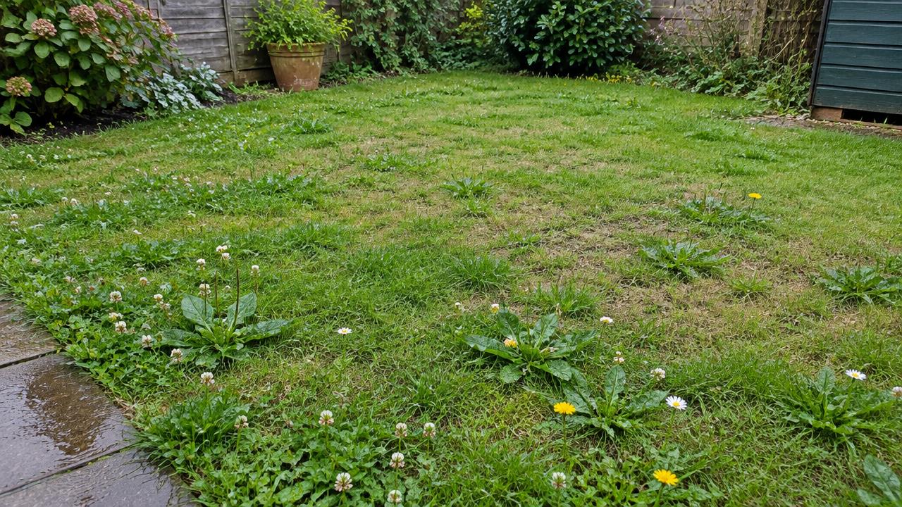 A drought-thinned British lawn with dandelions, clover and plantain growing among recovering grass