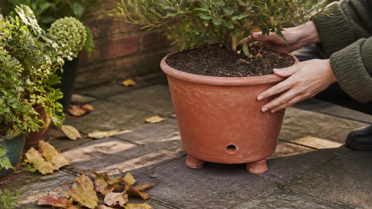 A terracotta pot raised slightly on pot feet on a damp autumn patio, with fallen leaves nearby