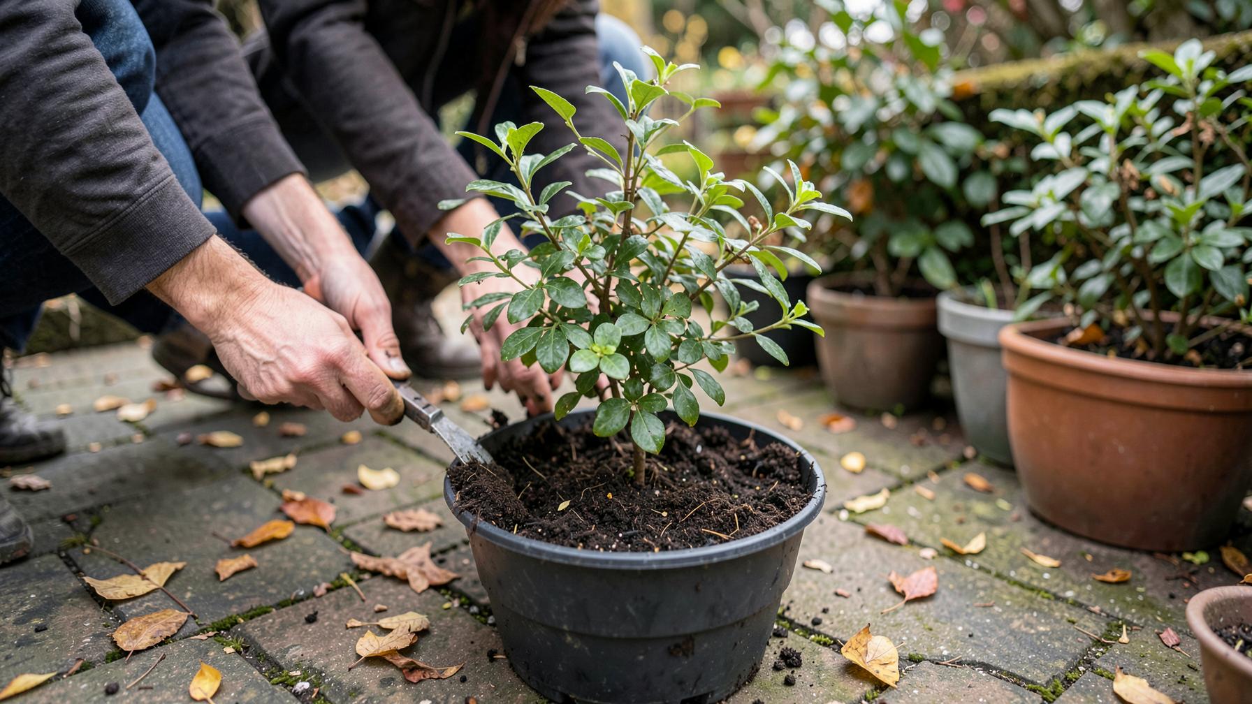 A container being planted on a small British patio in early autumn, with fresh peat-free compost and a young hardy shrub ready to go in, a few fallen leaves on the paving and established pots nearby