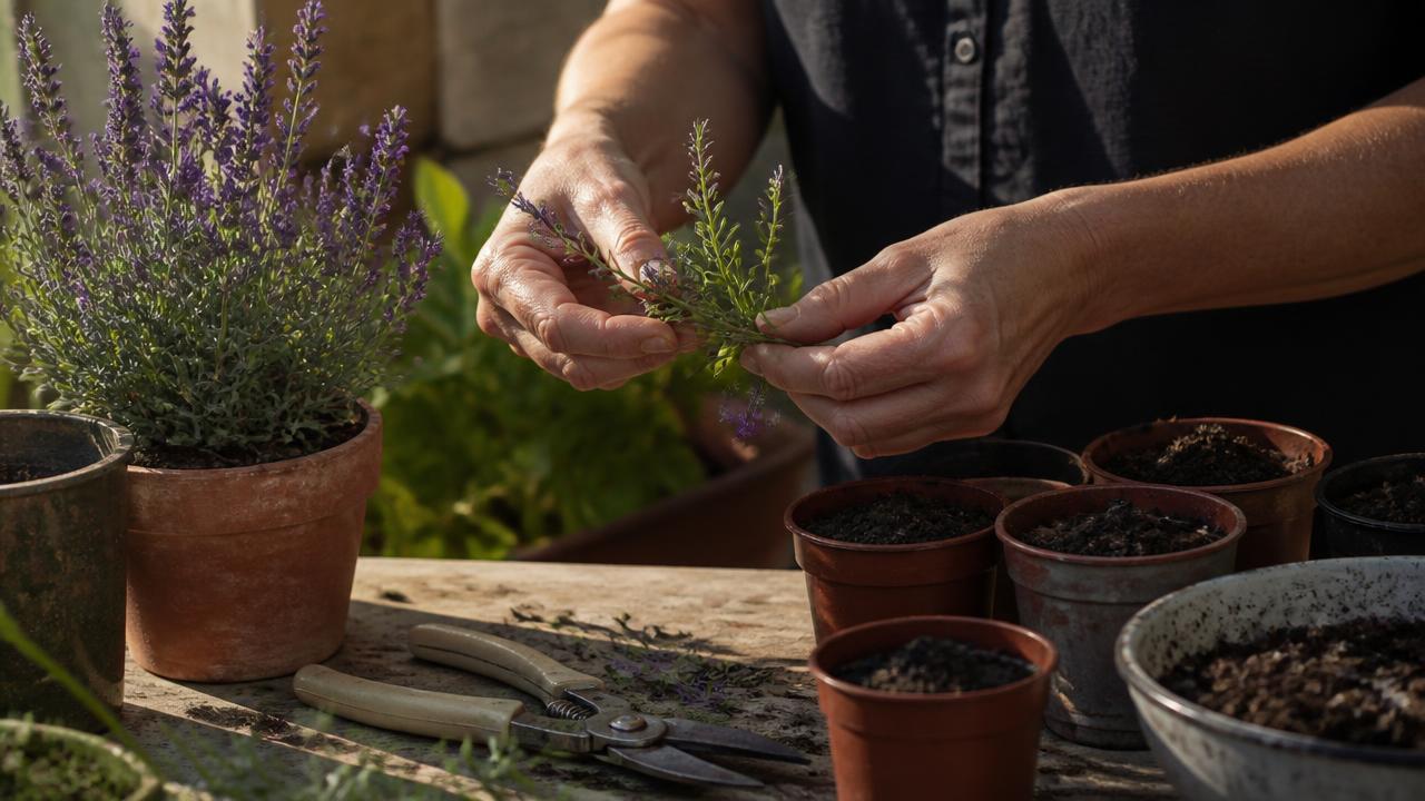 A gardener taking a semi-ripe lavender cutting on a late-summer patio, with secateurs and a small propagation pot nearby