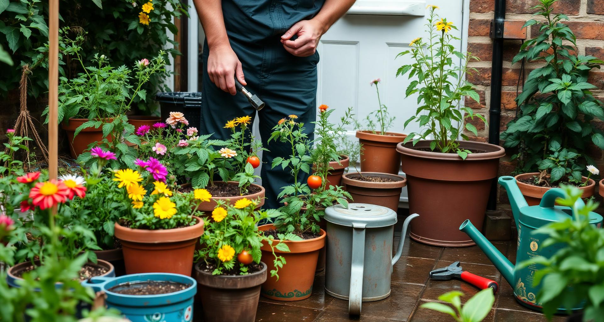 A gardener tidying a collection of container plants on a small patio in late summer, with flowering pots, herbs, a tomato plant, secateurs and a watering can