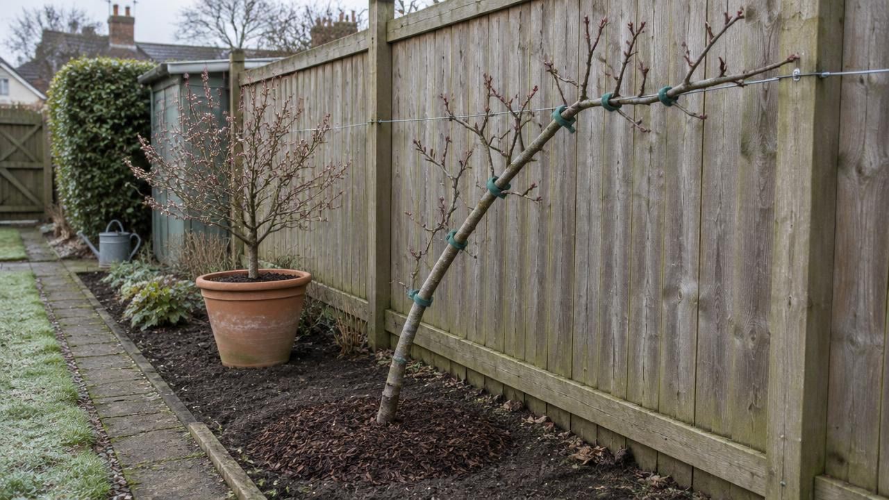 A cordon apple tree tied to wires against a fence beside a potted dwarf cherry