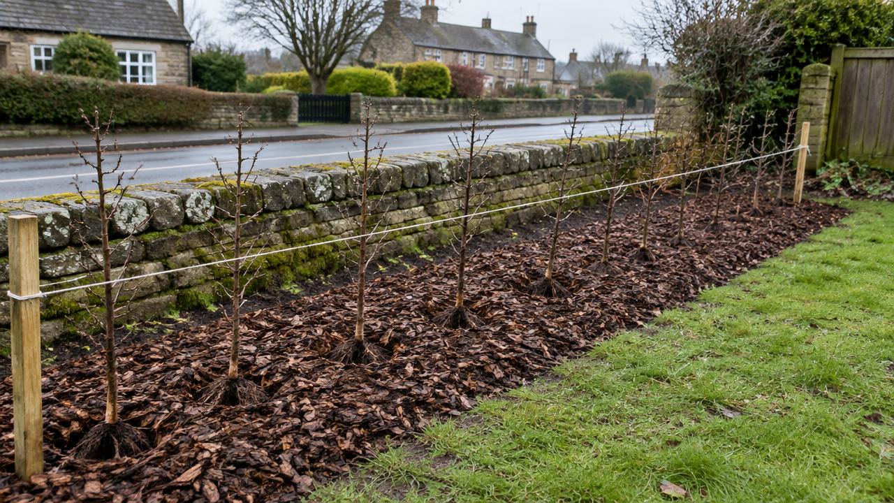 A newly planted row of bare-root hawthorn whips along a front boundary, mulched