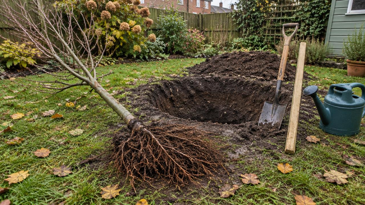 A bare-root apple tree with its roots spread out beside a freshly dug planting hole in a small British garden in November