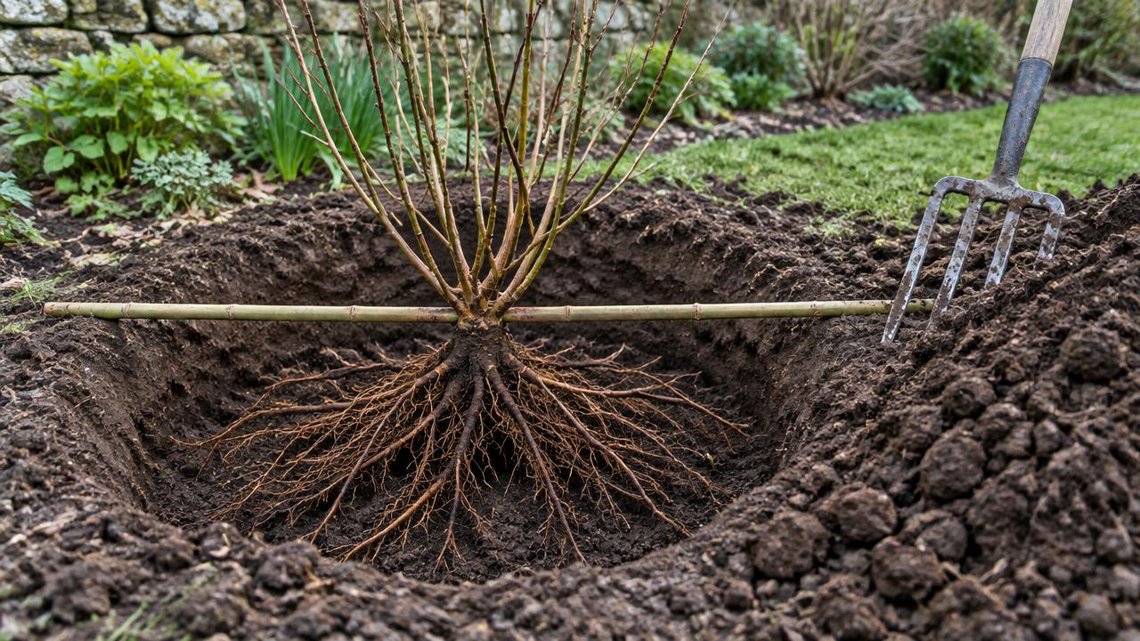 A bare-root shrub in a wide planting hole with a cane across it to check the soil level