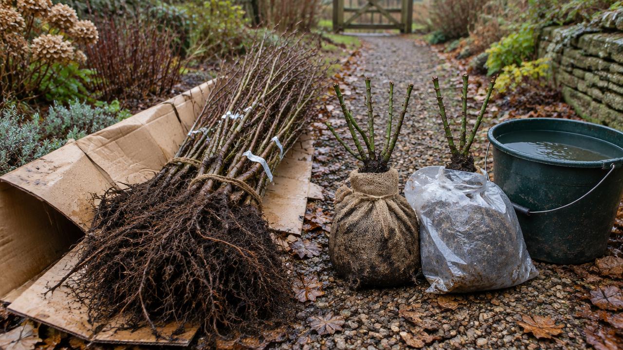 An opened delivery of bare-root hedging whips and roses beside a bucket of water