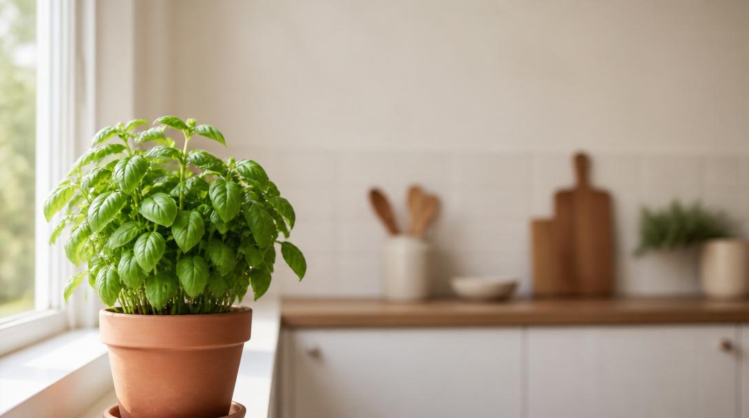 A healthy basil plant on a sunny windowsill