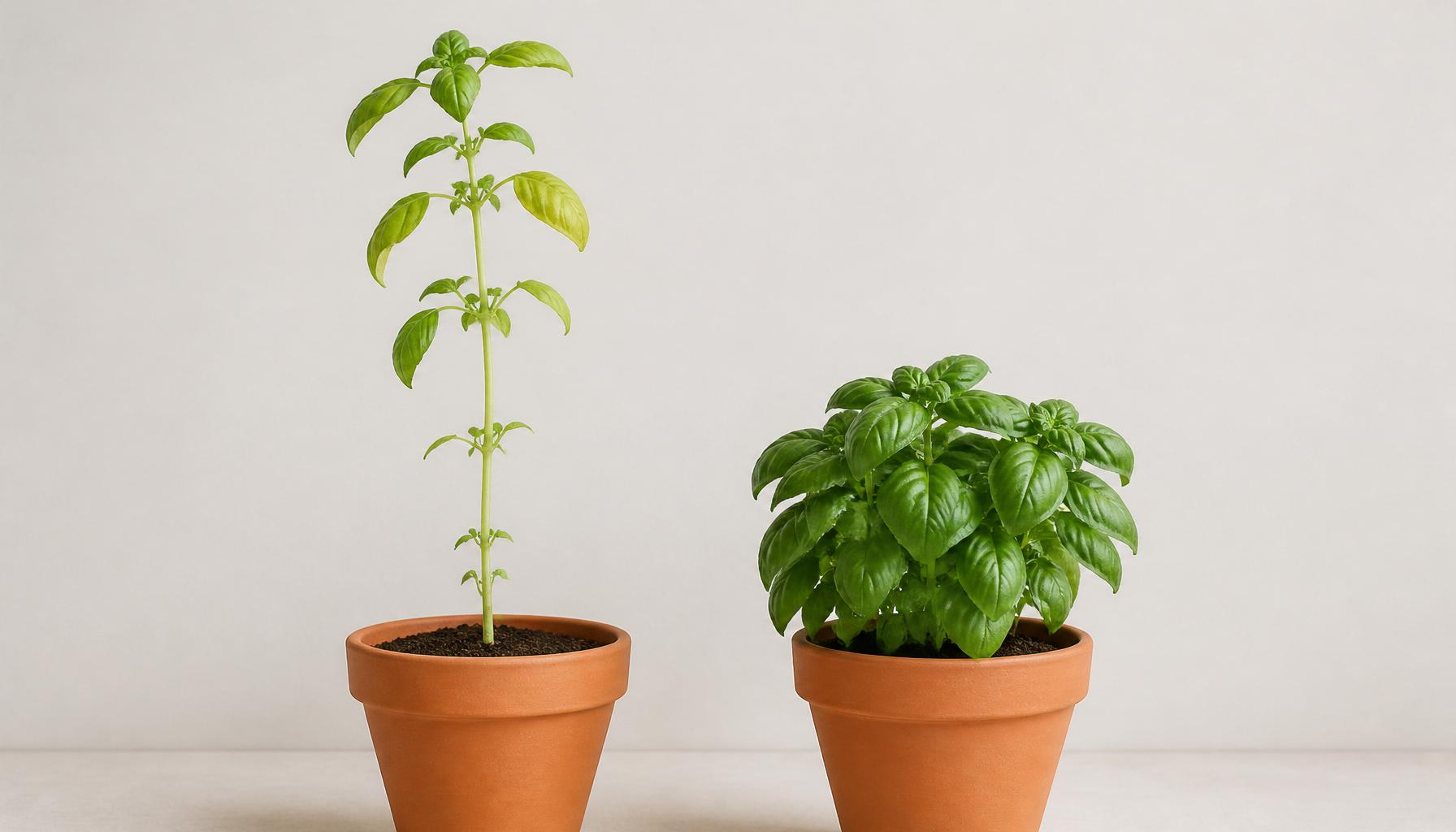Two basil plants side by side in identical terracotta pots: the one on the left is pale, tall and leggy from too little light; the one on the right is short, deep green and bushy.