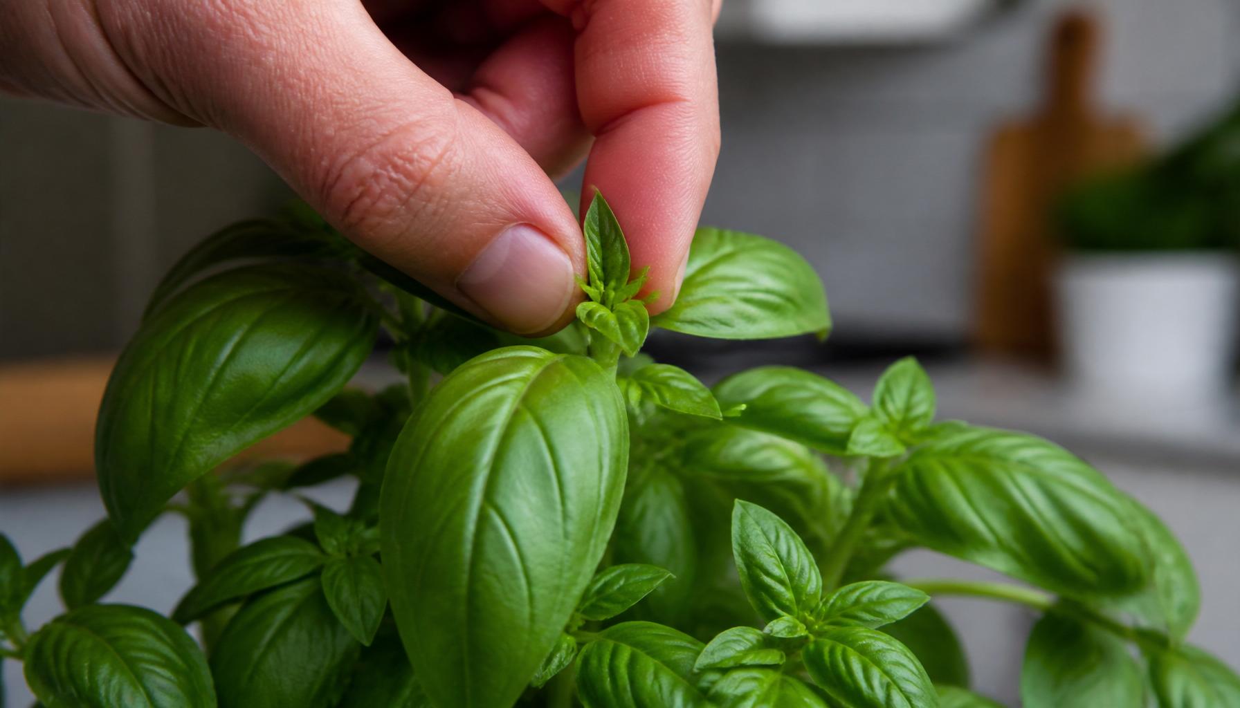 A pair of fingers pinching out the top growing tip of a healthy basil plant, just above a pair of leaves.