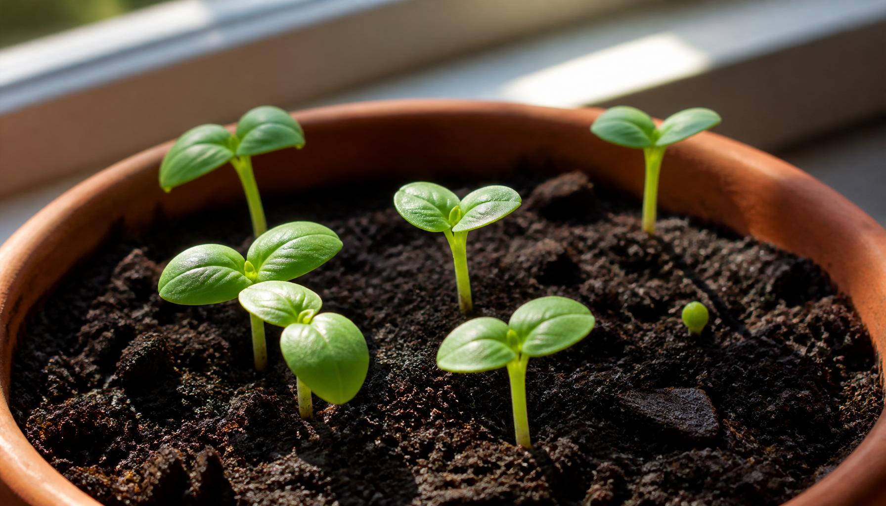 Young basil seedlings emerging from dark compost in a small pot on a windowsill, seed leaves and first true leaves clearly visible in soft natural light.