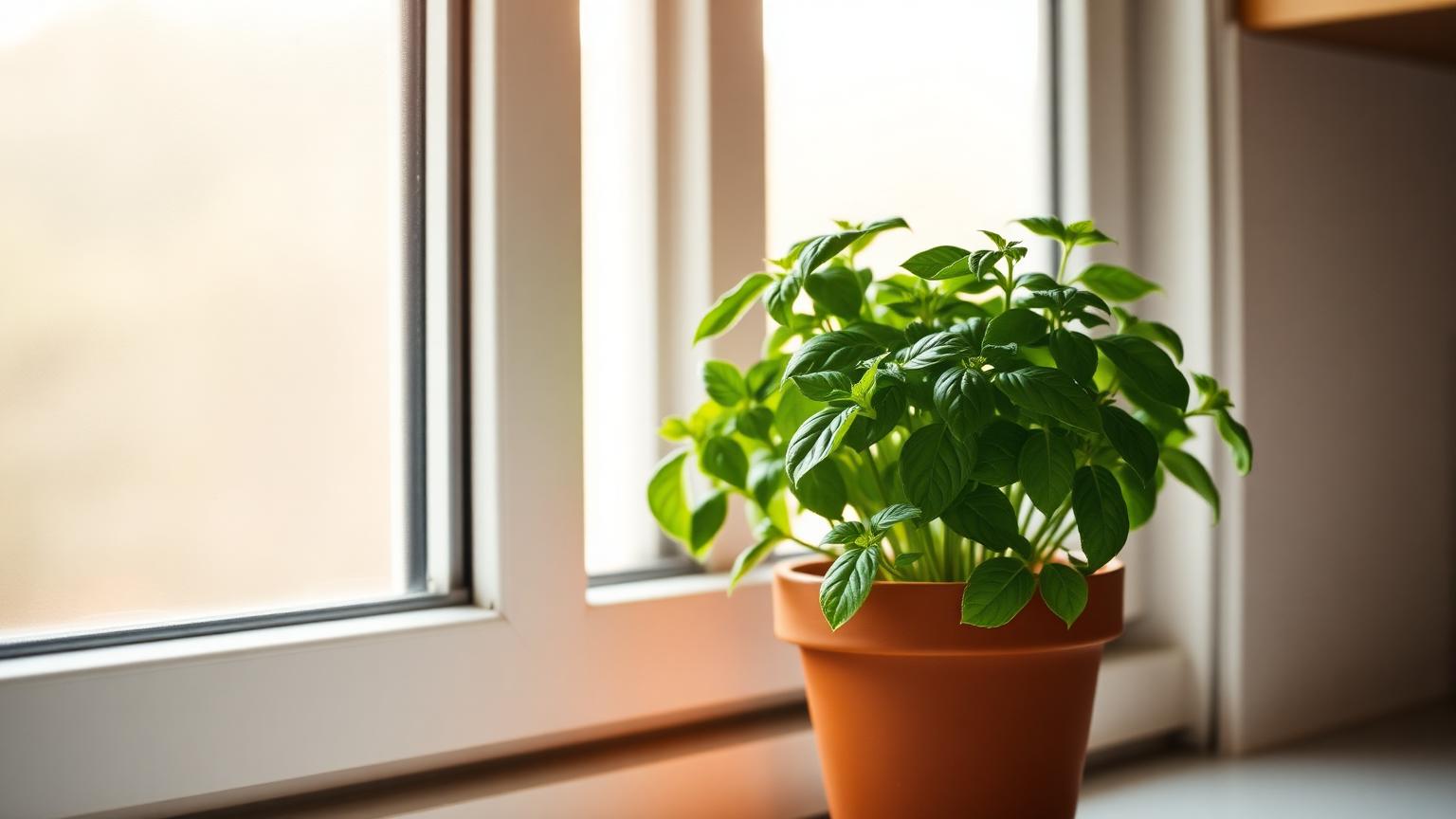 A healthy basil plant growing in a terracotta pot on a sunny windowsill