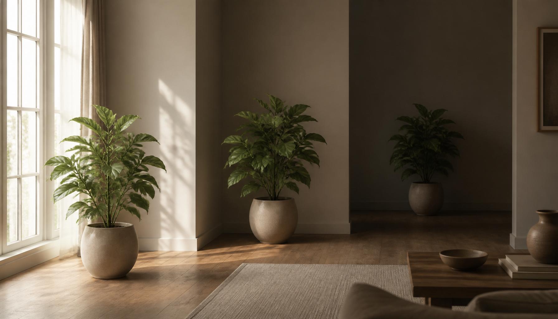 An interior showing three light zones: a bright spot by the window, a medium-light area a few feet back, and a dim corner — the same plant placed in each.