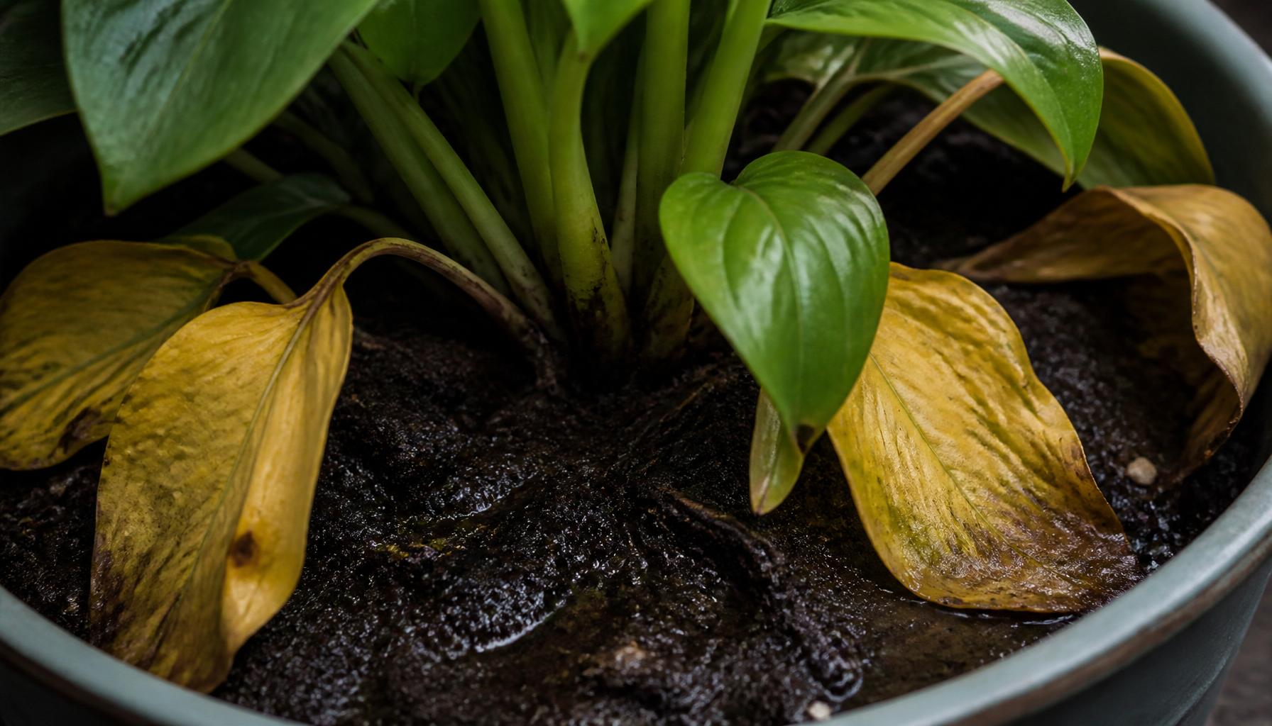 A houseplant with yellowing, limp lower leaves sitting in dark, visibly wet compost — the classic look of overwatering.