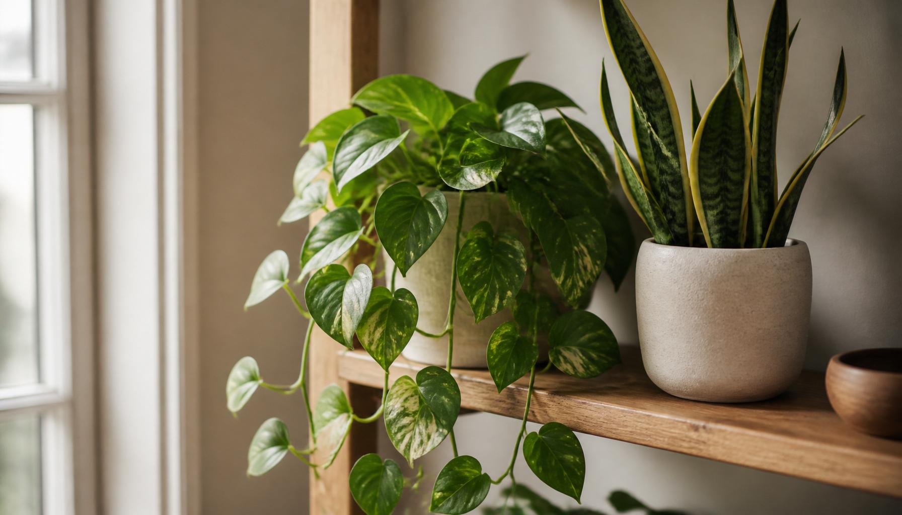 A trailing pothos cascading from a wooden shelf next to an upright snake plant in a simple ceramic pot, soft natural window light.