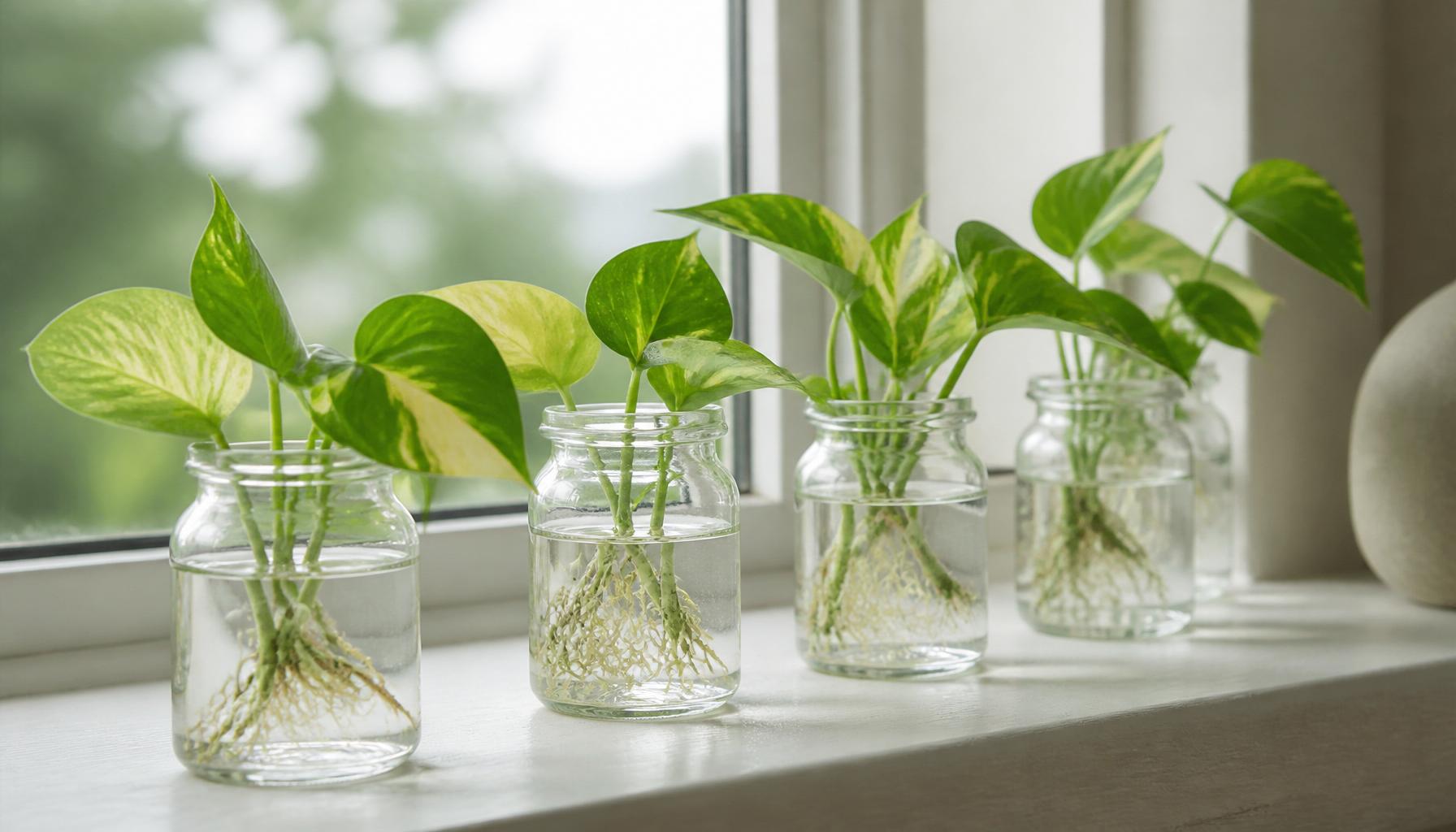 Pothos cuttings rooting in clear glass jars of water on a sunny windowsill, fine white roots visible through the glass.