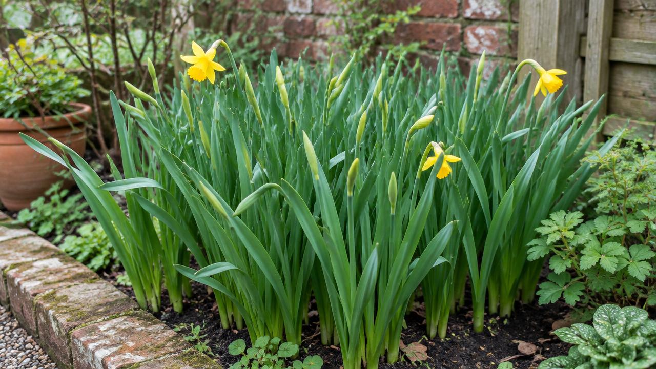 A congested daffodil clump with abundant green leaves but only a few flowers in a small British border