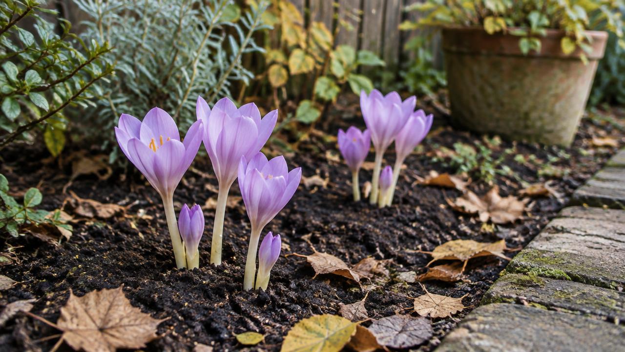 Pale mauve colchicum flowers emerging from soil in an autumn border beside fallen leaves