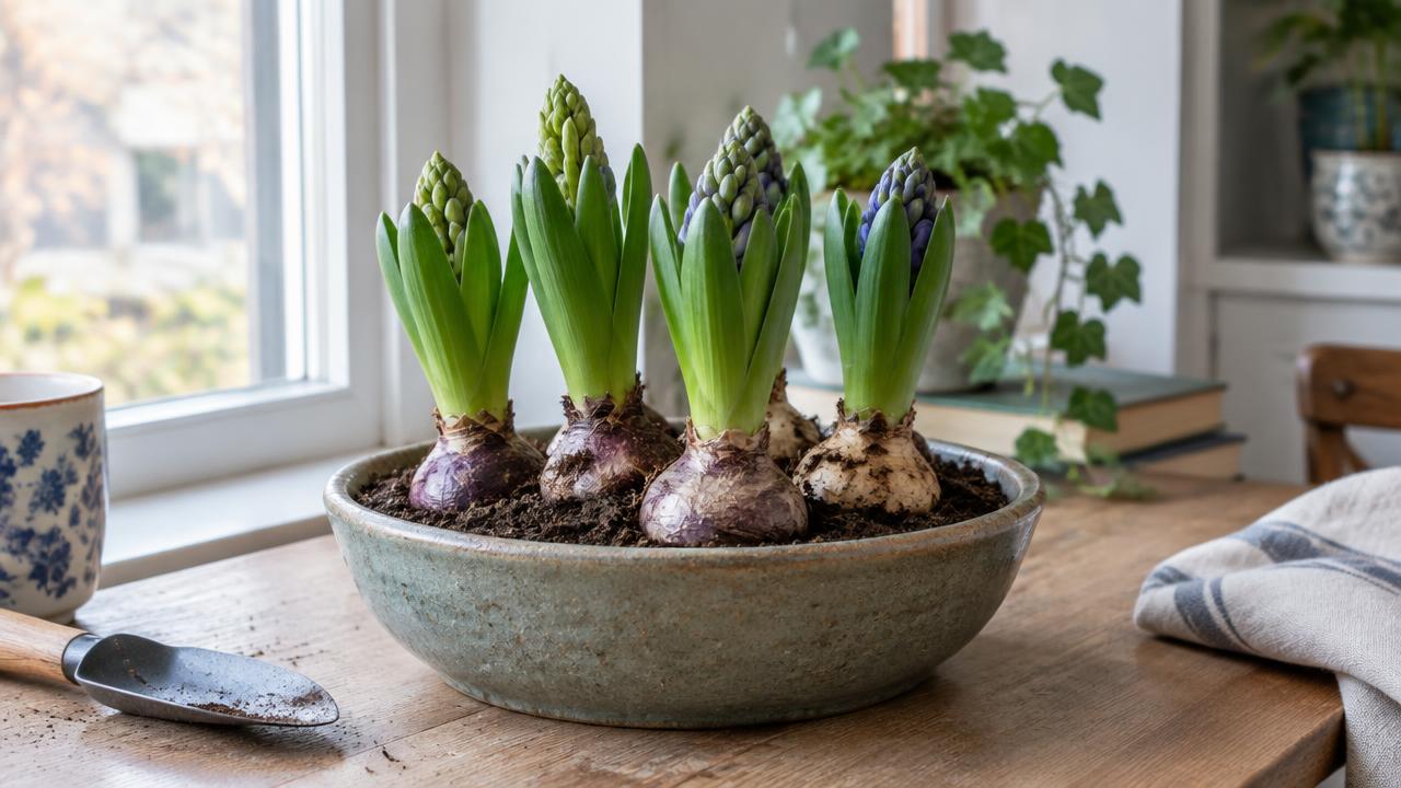 Prepared hyacinth bulbs partly visible in a shallow indoor container on a bright windowsill