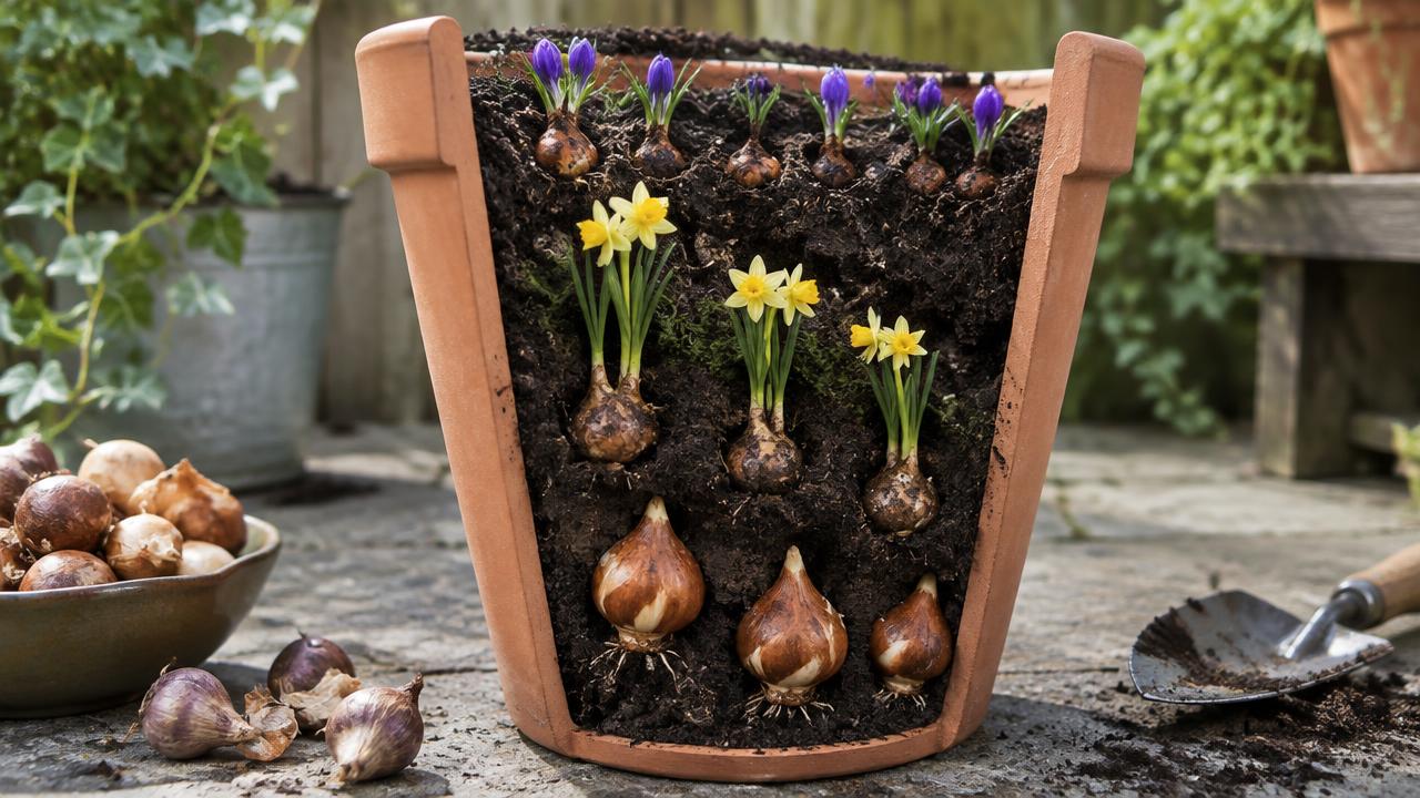 A cutaway terracotta container showing tulip, narcissus and crocus bulbs planted at three offset depths