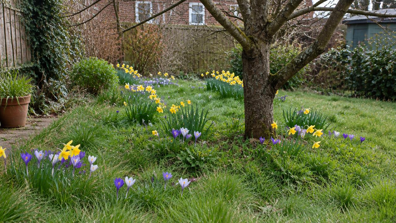 Crocus and daffodils naturalised in longer grass beneath a bare deciduous tree in a small British garden