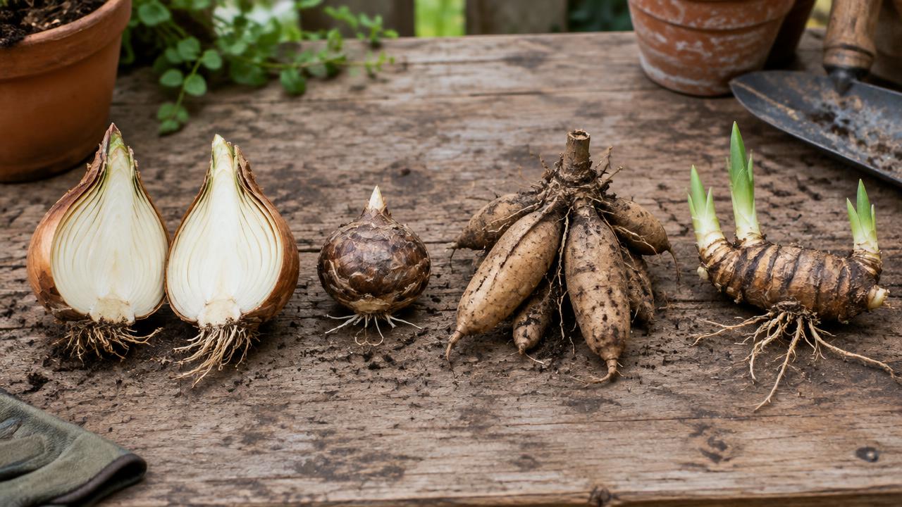 A daffodil bulb cut open beside a crocus corm, dahlia tuber and iris rhizome on a wooden potting bench