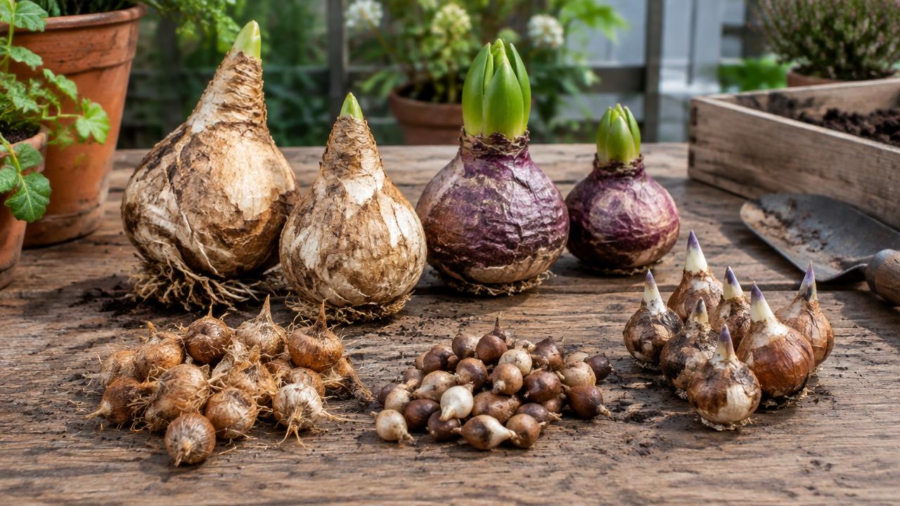 Large daffodil and hyacinth bulbs alongside smaller crocus corms, muscari and Iris reticulata bulbs on a wooden potting bench