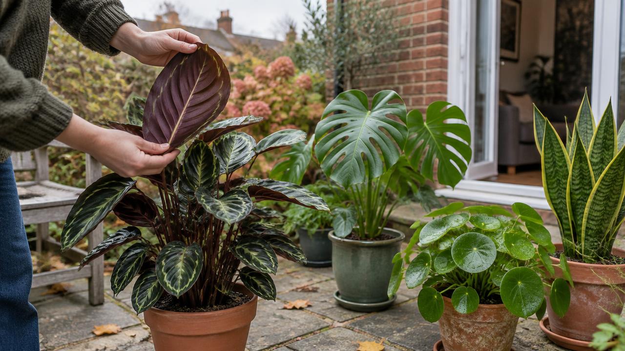 Houseplants on a patio in autumn being inspected before being brought back indoors