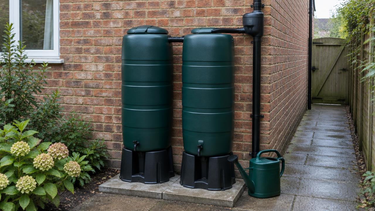 Two slimline water butts linked together against a brick wall in a narrow side return