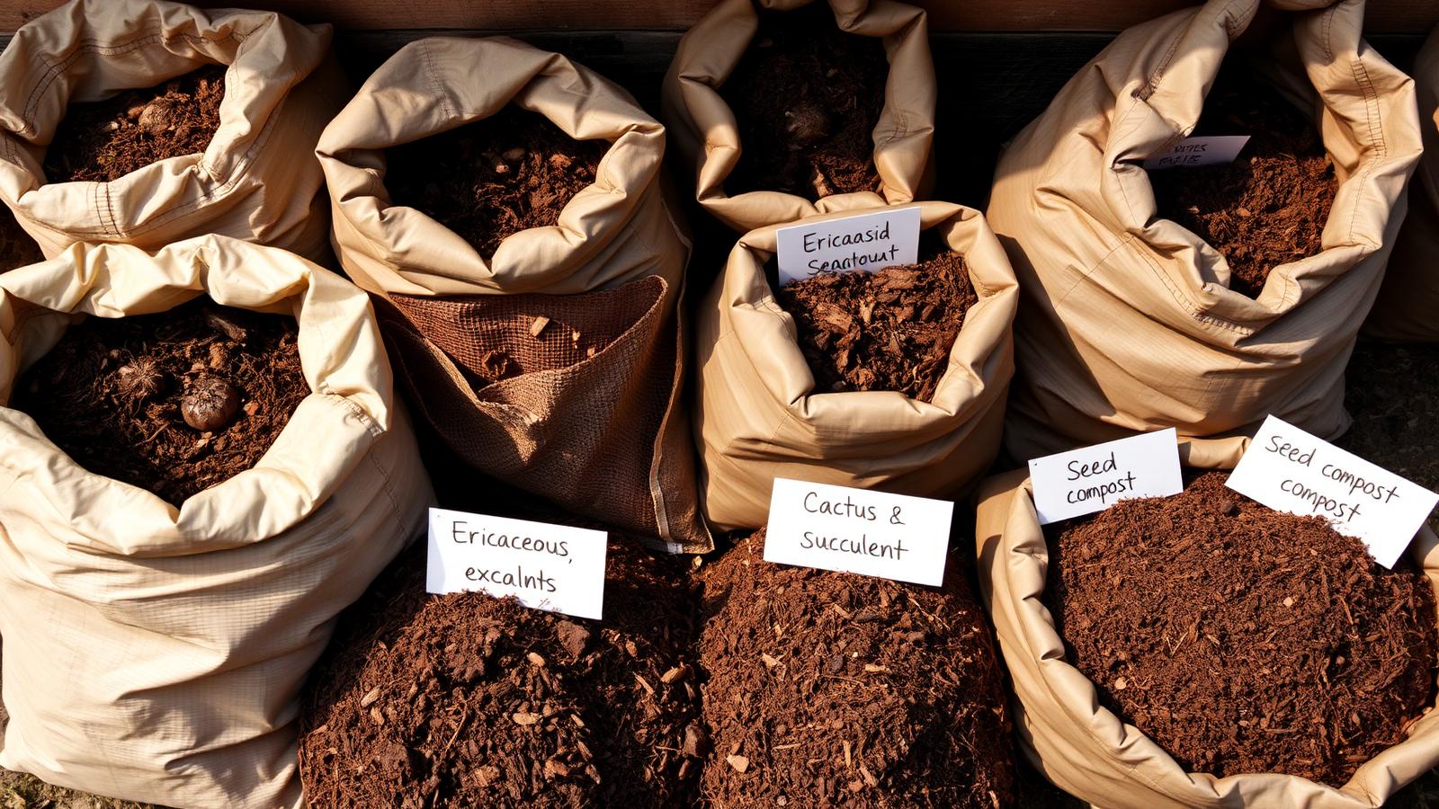 Piles of different compost types — multi-purpose peat-free, ericaceous, cactus and succulent, and seed compost — with small handwritten card labels beside each in warm natural daylight
