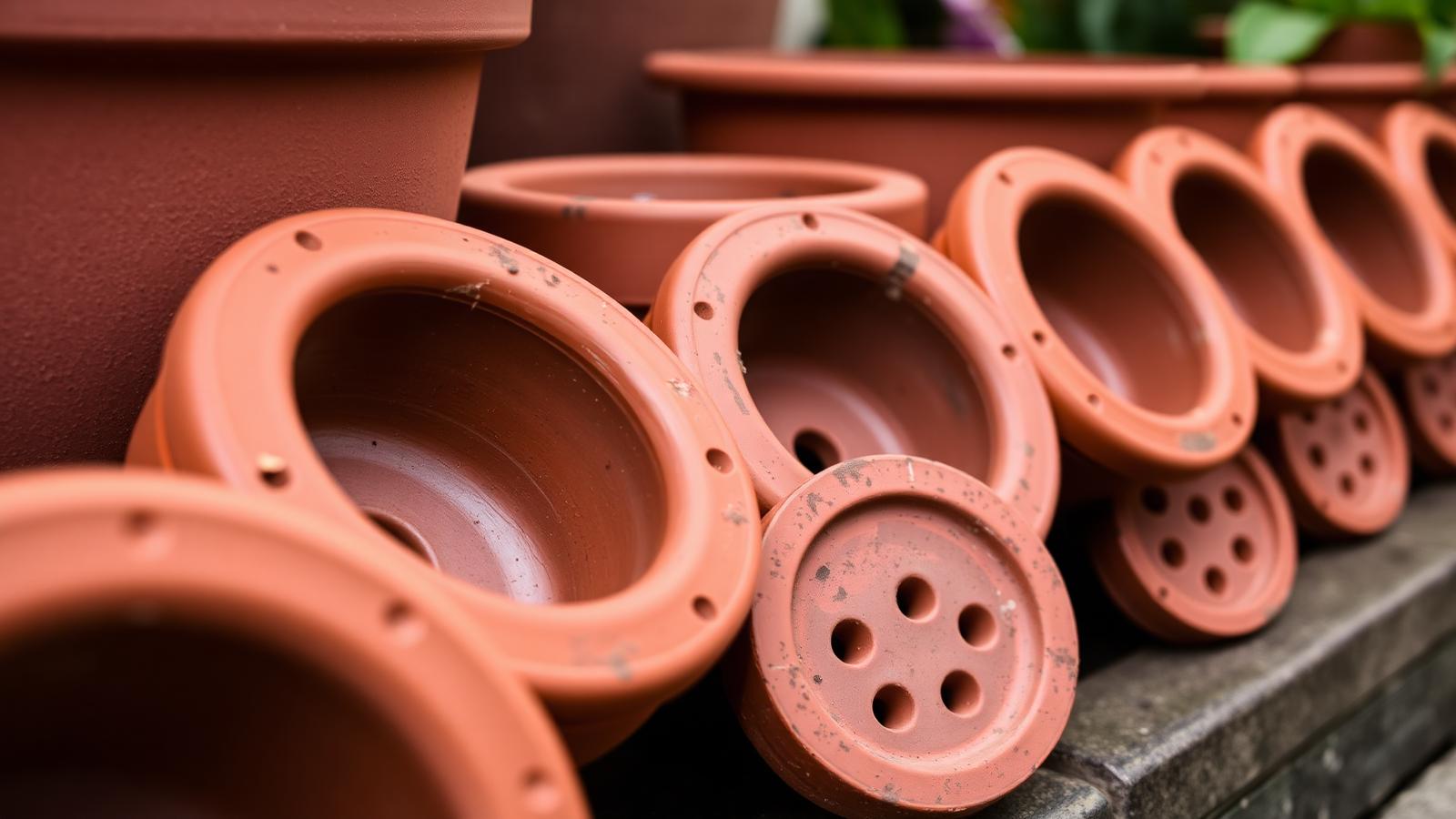 A row of terracotta and plastic plant pots tilted to show clearly visible drainage holes at the base in natural daylight