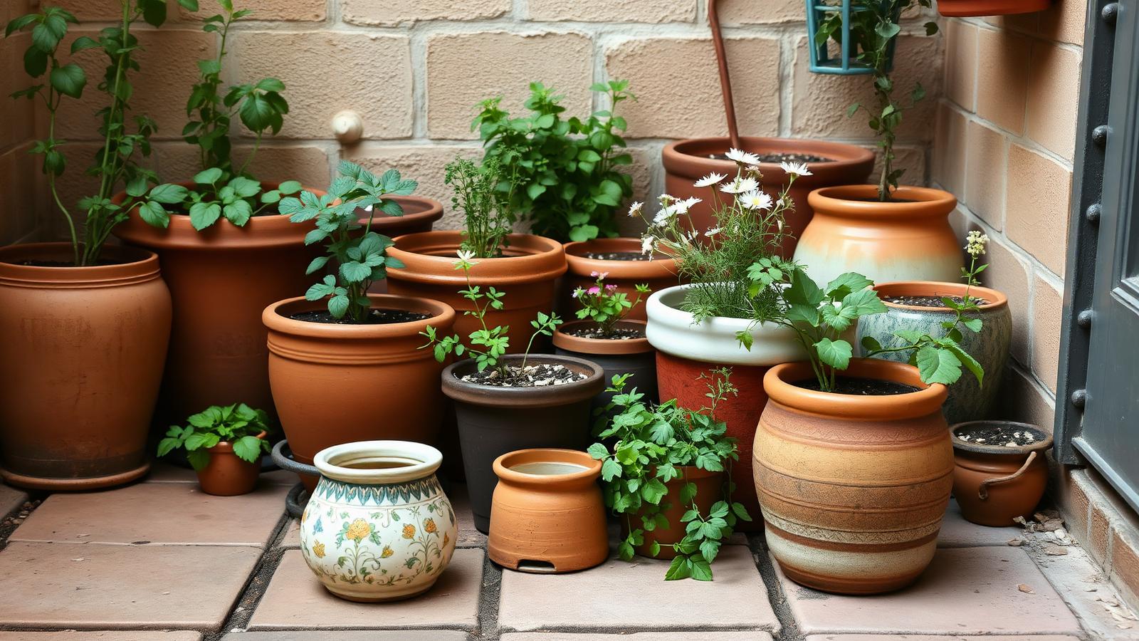 A varied cluster of terracotta and glazed pots on a small courtyard patio planted with herbs, salad leaves and small flowers in warm natural daylight