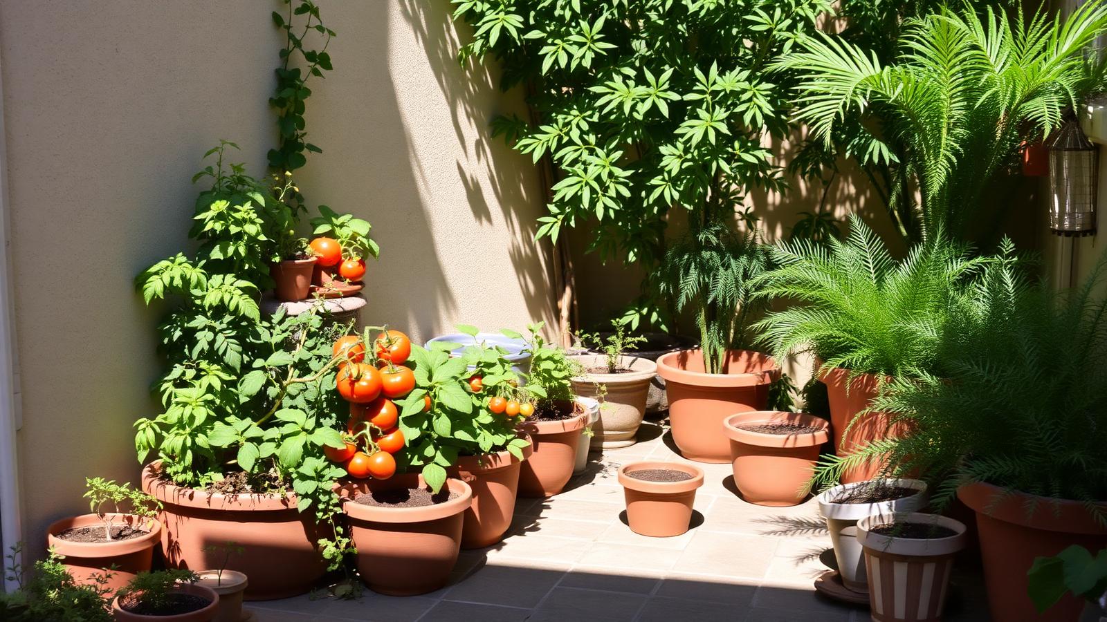 A small courtyard patio with pots grouped by position — Mediterranean herbs and tomatoes in a sunny spot, ferns and shade-loving plants against a wall in dappled light