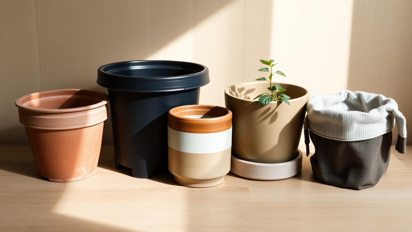 Four plant pots side by side showing different materials — aged terracotta, black plastic nursery, glazed ceramic and a fabric grow pot — on a wooden surface in natural daylight