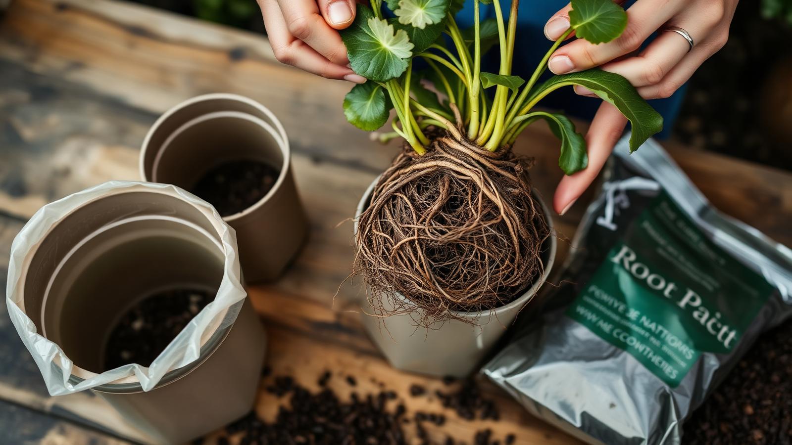 A rootbound plant eased out of a plastic pot revealing a dense tangle of roots wound around the rootball, with a larger empty pot and a bag of fresh compost alongside on a wooden surface