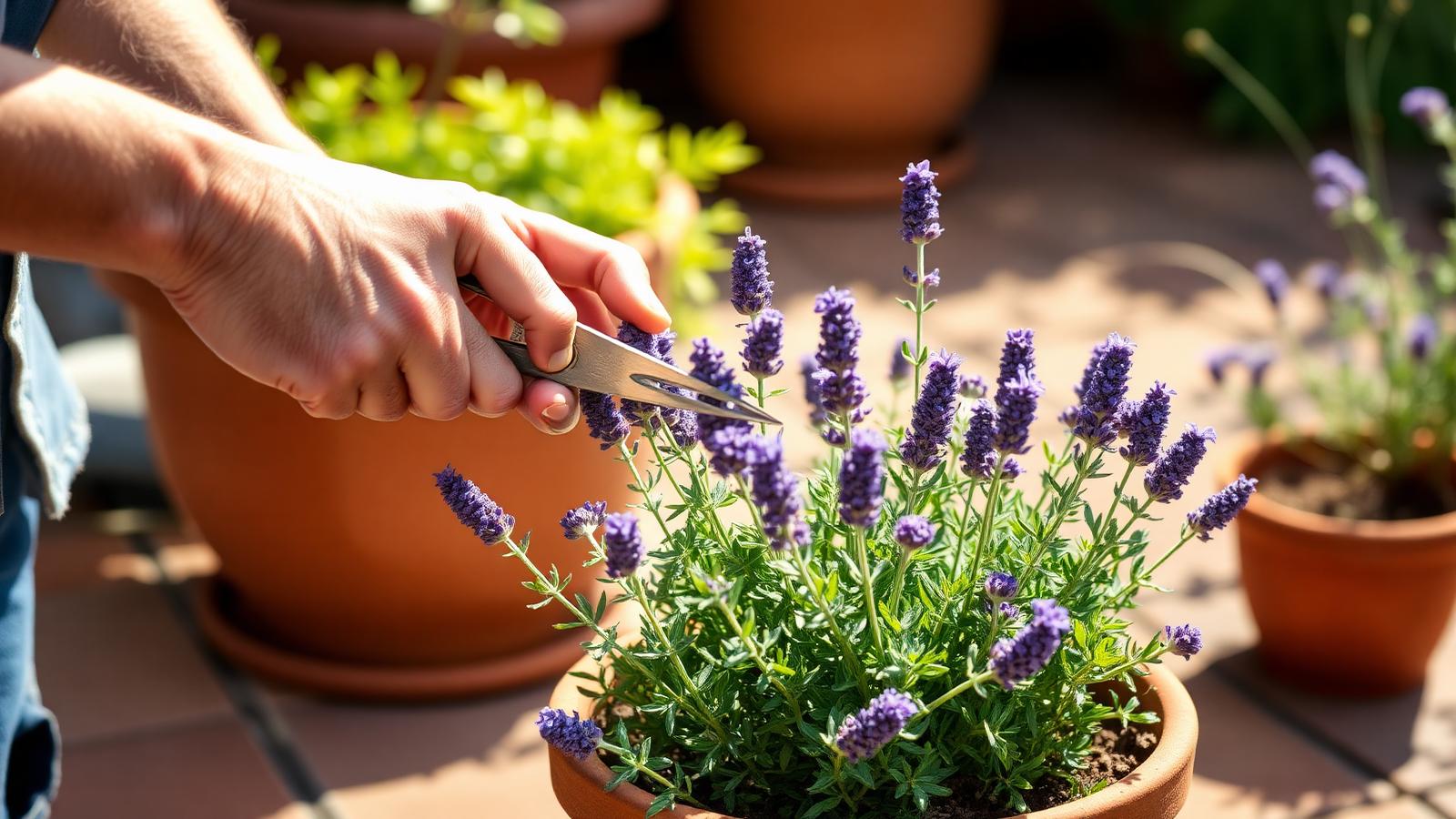 A gardener's hands lightly trimming a small lavender plant in a terracotta pot on a warm mid-summer patio