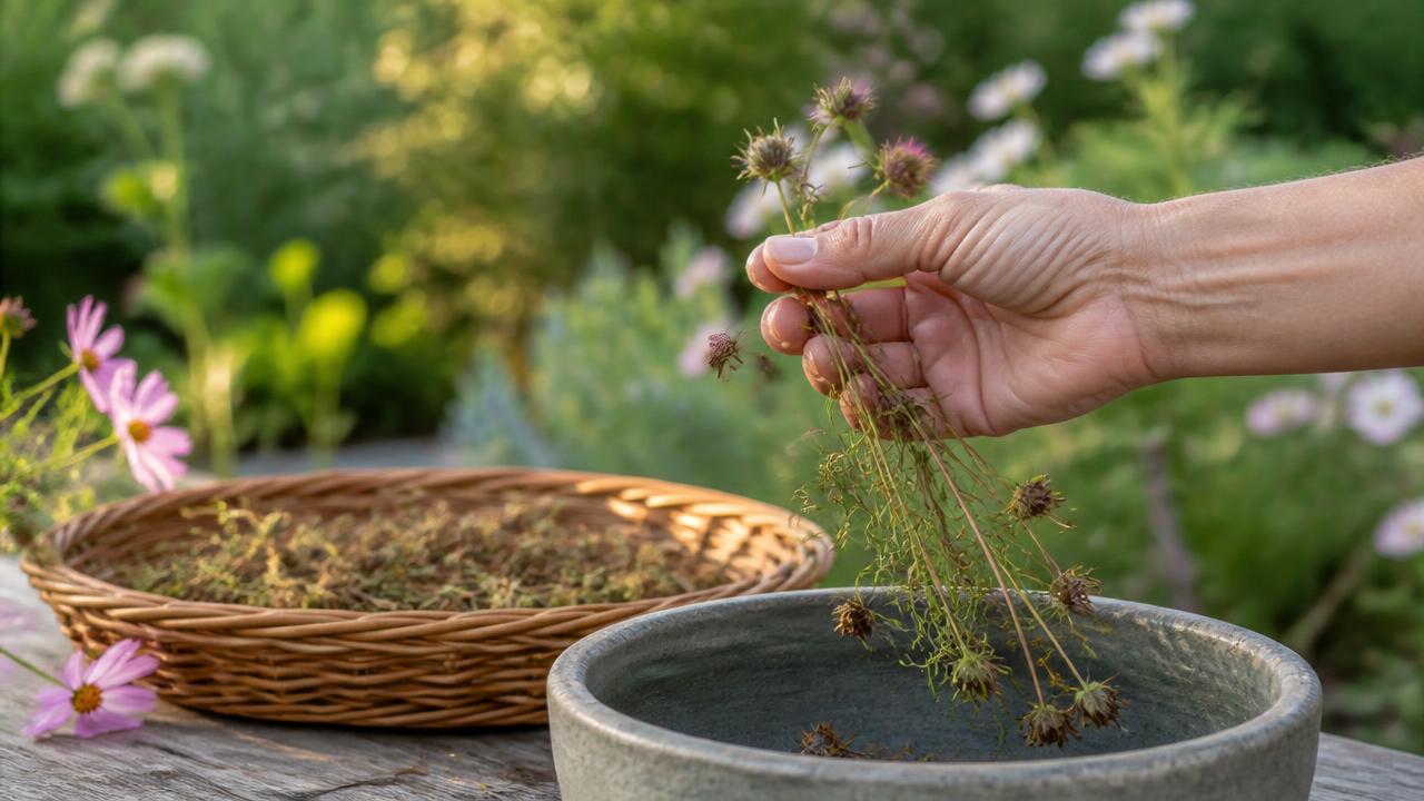 A hand holding spent flower heads above a basket of collected seedheads on a garden table in late-summer light