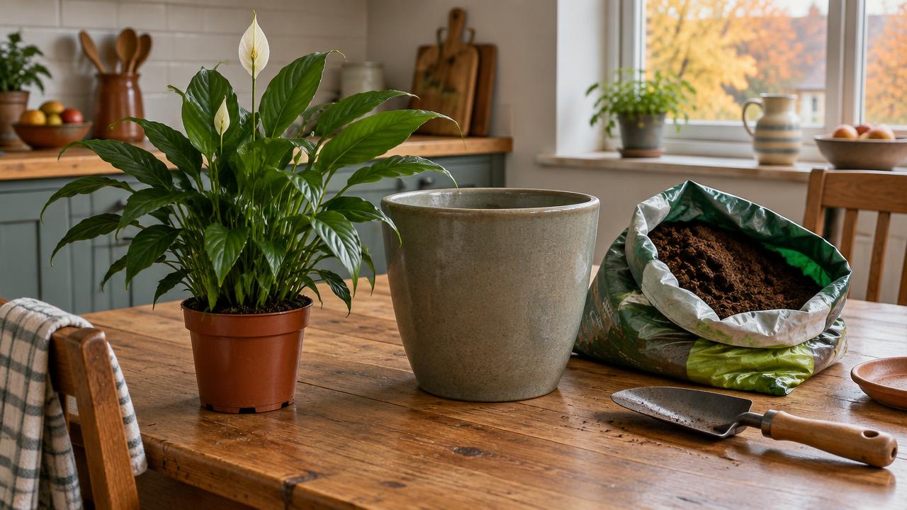 A houseplant beside an empty larger pot and a bag of compost on a kitchen table in autumn