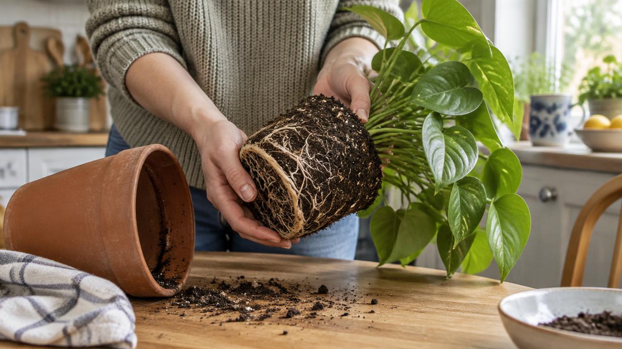 A houseplant tipped gently out of its pot on a kitchen table showing a healthy rootball that does not yet need repotting