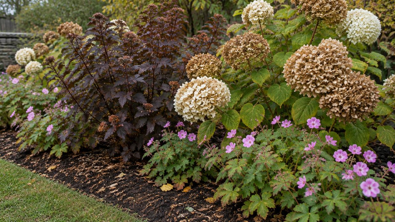 Clay border with fading Hydrangea Annabelle, dark ninebark and pink geraniums
