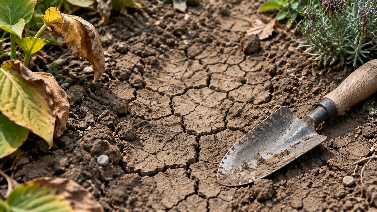 Dry, cracked clay soil in a British border in late summer with a trowel