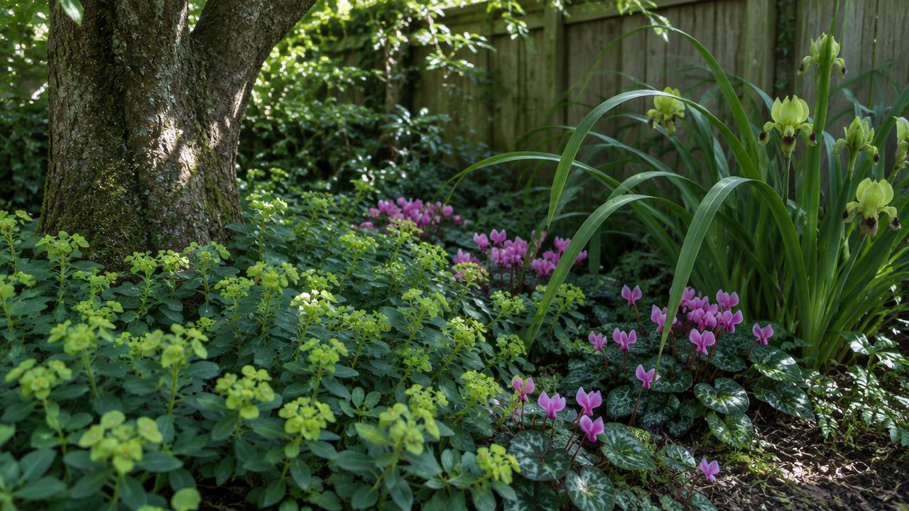 Euphorbia robbiae, hardy cyclamen and stinking iris in dry shade under a tree