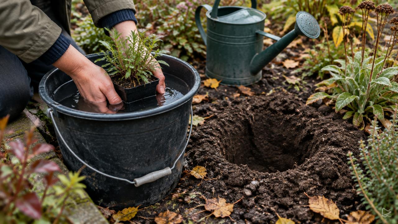 Soaking a 9cm perennial pot in a bucket beside a planting hole