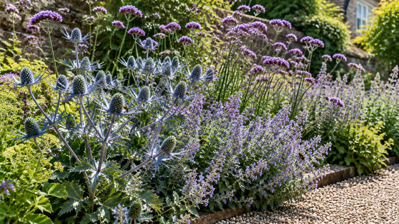 Sea holly, Verbena bonariensis and catmint with bees beside a gravel path