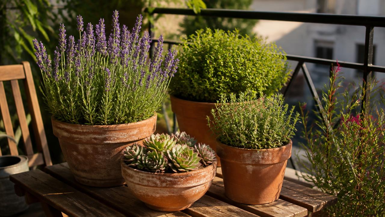 A collection of drought-tolerant plants including lavender, thyme and houseleeks in terracotta pots on a sunny balcony