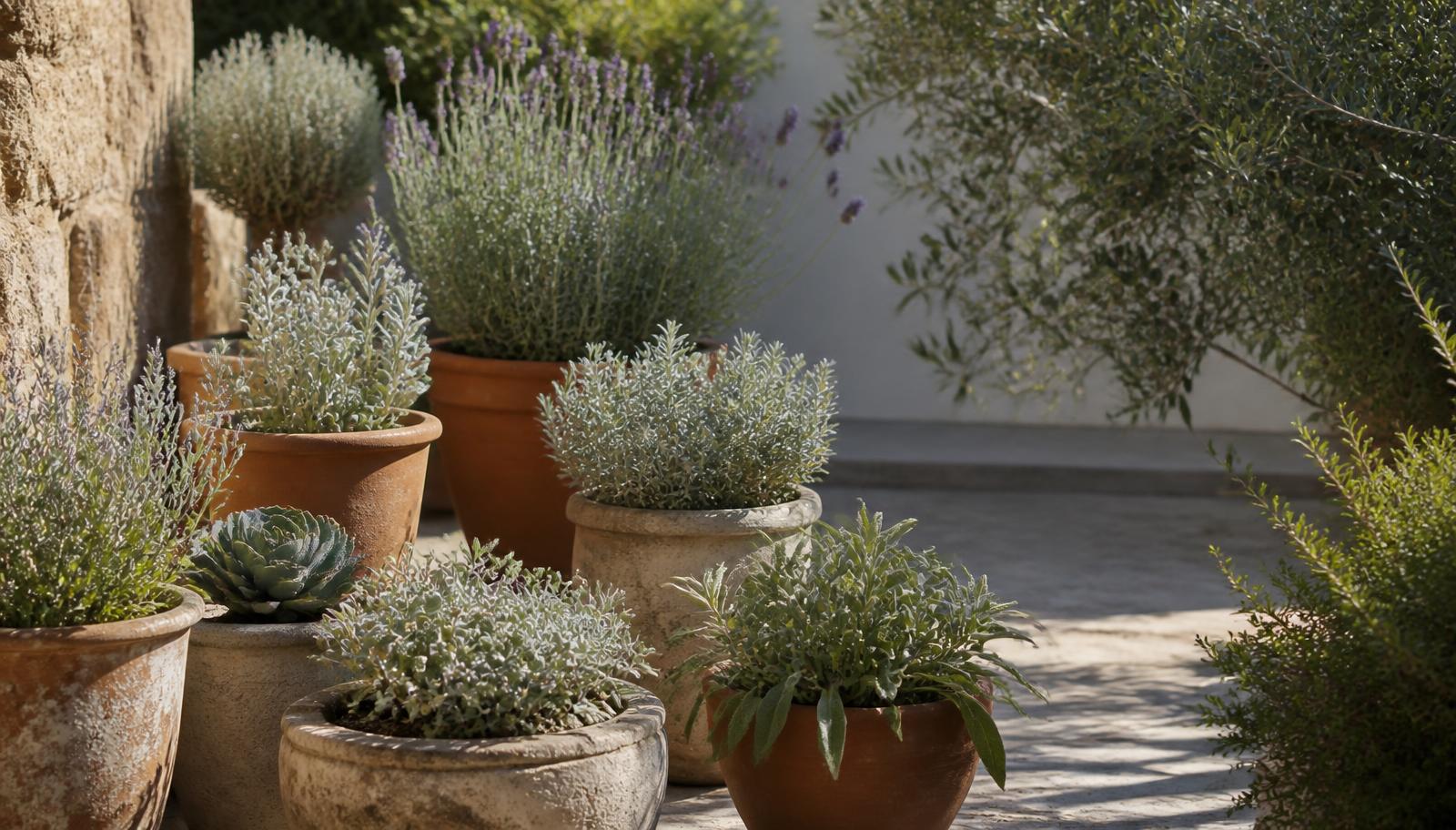 Silver-leaved Mediterranean plants, succulents and lavender in terracotta and stone pots on a sunny small patio
