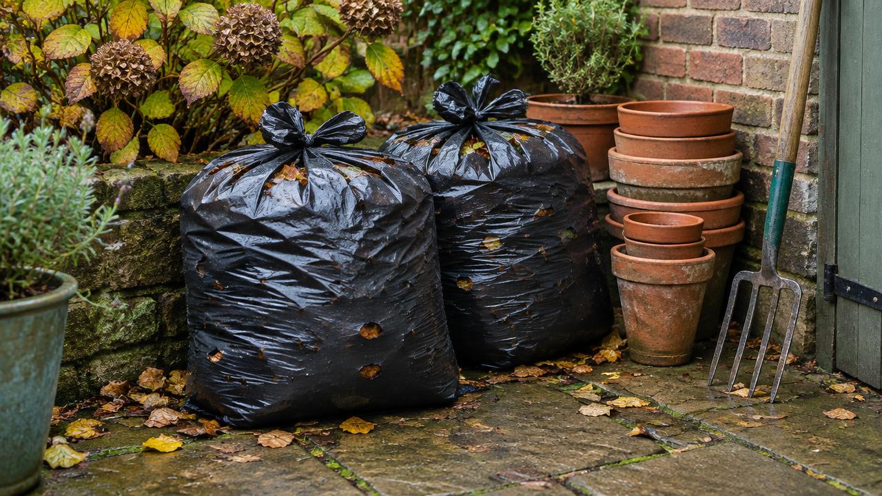 Pierced bags of damp autumn leaves making leaf mould in a sheltered courtyard corner