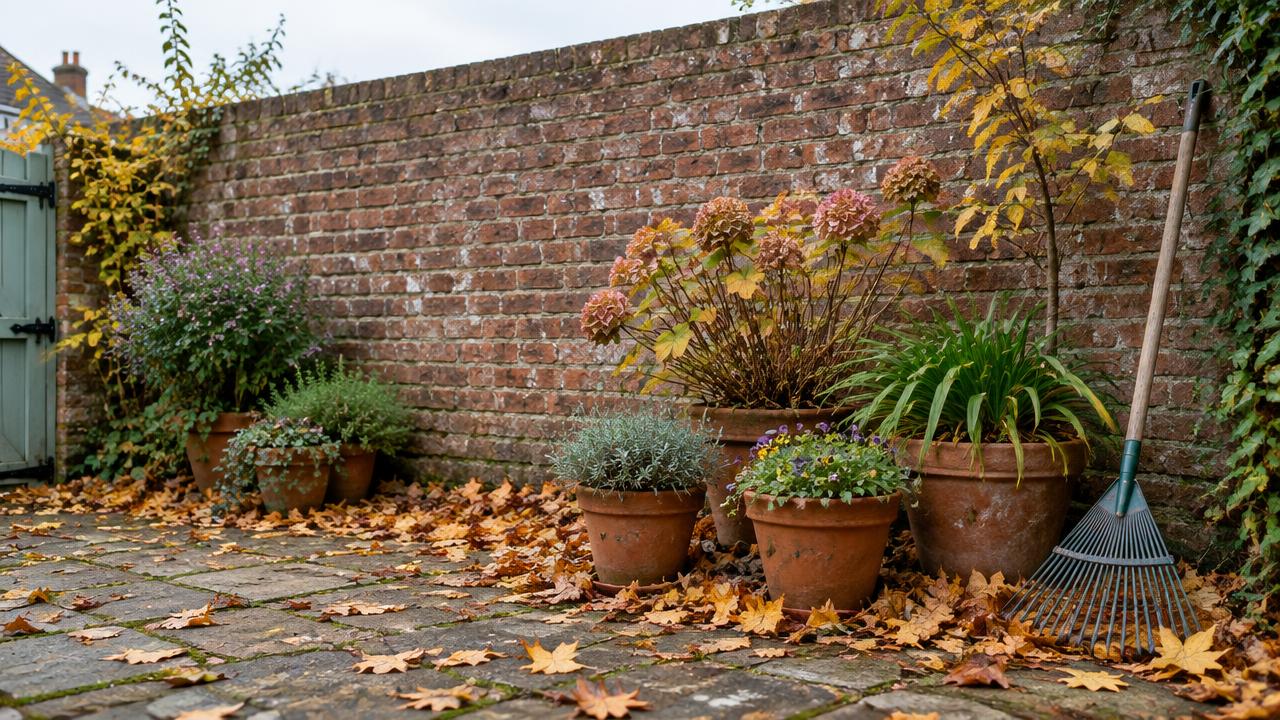 Fallen autumn leaves scattered across a small paved courtyard with planted pots