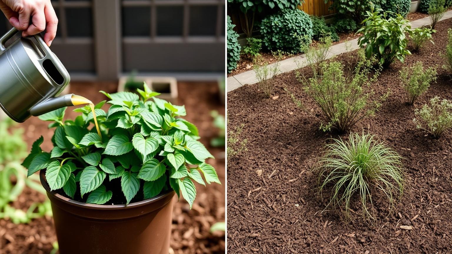 A side-by-side comparison of a container plant being fed with a watering can of liquid feed next to a well-mulched open garden border around established shrubs
